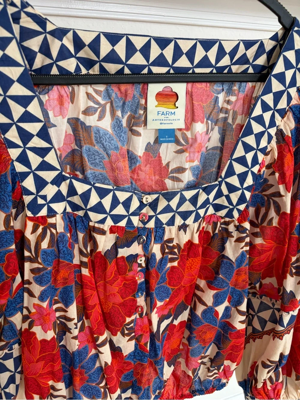 FARM Rio x Anthropologie Printed Square-Neck Puff-Sleeve Blouse